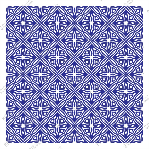 نقش هندسي أزرق وأبيض يتميز بتصميم متكرر من الأشكال الهندسية والزهور.