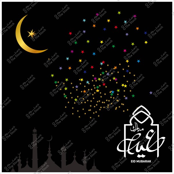 A golden crescent moon and colorful stars on a black background with a mosque silhouette and the words \"Eid Mubarak\" in Arabic calligraphy.
