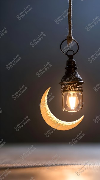 A hanging lamp designed as a metal lantern is lit beside a decorative crescent. The scene is set against a dark background, adding to the serene and quiet atmosphere. The lamp emits a soft glow, casting a warm light on the crescent and the surrounding texture.