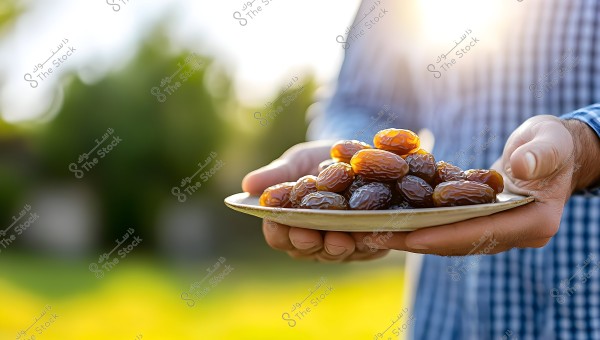 Image of a person wearing a checkered shirt holding a plate full of dates in their hands. The dates are shiny brown, illuminated by sunlight in an outdoor green setting with a sunny and blurred background.
