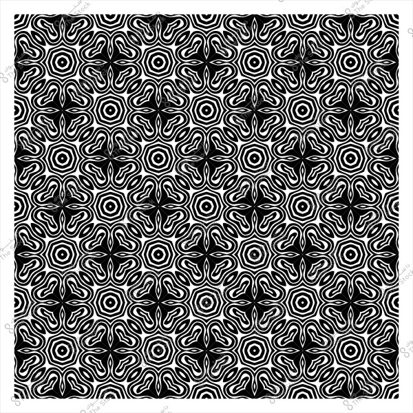 Black and white repeating pattern with symmetrical geometric floral-like designs.
