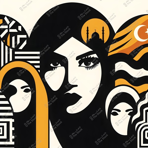 صورة تجريدية تظهر وجه امرأة بشكل مستقل مع عناصر تصميمية غرافية تتضمن شخصيات أخرى ترتدي حجابًا. يظهر في أعلى التصميم مسجد مع مآذن وهلال, مما يعكس الطابع الإسلامي. تستخدم الألوان الأسود, والأبيض, والبرتقالي, مع خطوط وأنماط هندسية.