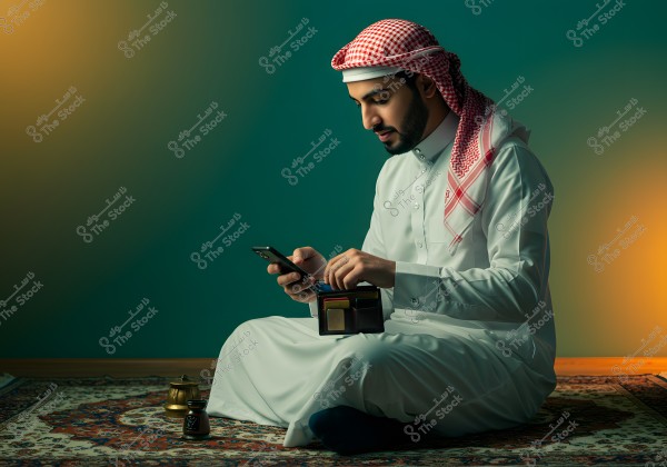 An image of a man sitting on a decorative carpet, wearing a traditional Saudi thobe and headscarf. He is holding a phone in one hand and fiddling with a wallet in the other. On the carpet, there is a jug and small clay cups.
