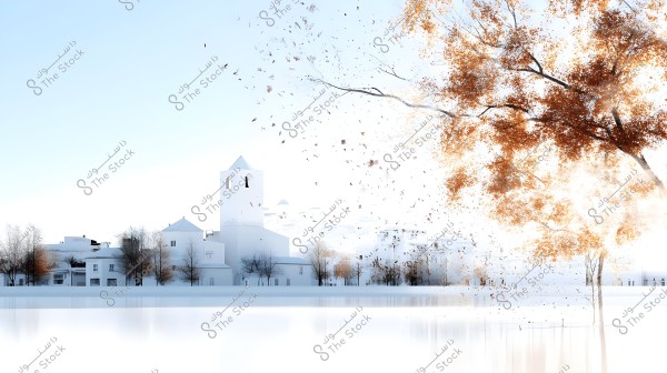 A surreal landscape image depicting futuristic white buildings with a minimalist design and a church in the center. The dominant colors are white with a clear blue background. In the foreground, trees with orange leaves are shedding, creating an autumnal and serene atmosphere, with many leaves blowing in the air.