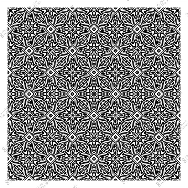 نمط زخرفي أبيض وأسود مكون من أشكال هندسية متكررة تشبه الأزهار.