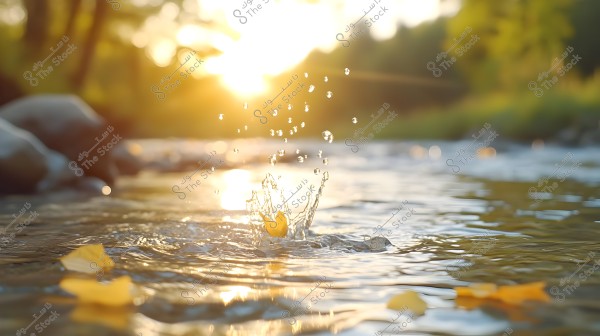 A shot of a yellow leaf falling into a stream, causing water splashes, with golden sunlight in the background reflecting on the water\'s surface. The scene is surrounded by soft greenery and scattered stones along the stream\'s banks, creating a sense of natural tranquility.