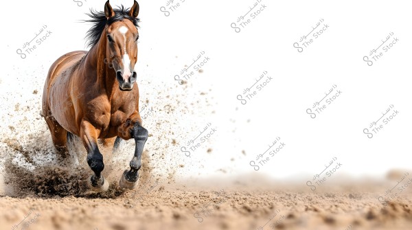A brown horse running swiftly on sand, kicking up dust and dirt as it gallops. The background is white, highlighting the horse\'s movement and power.