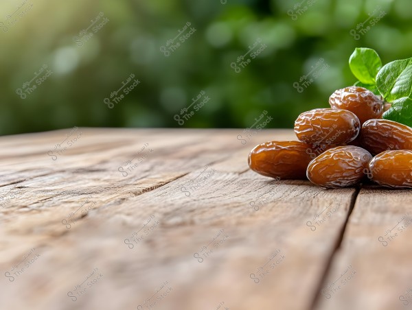 A bunch of brown dates arranged on a wooden surface, with a blurred background of greenery. Some green leaves are visible next to the dates, adding a touch of nature to the image.