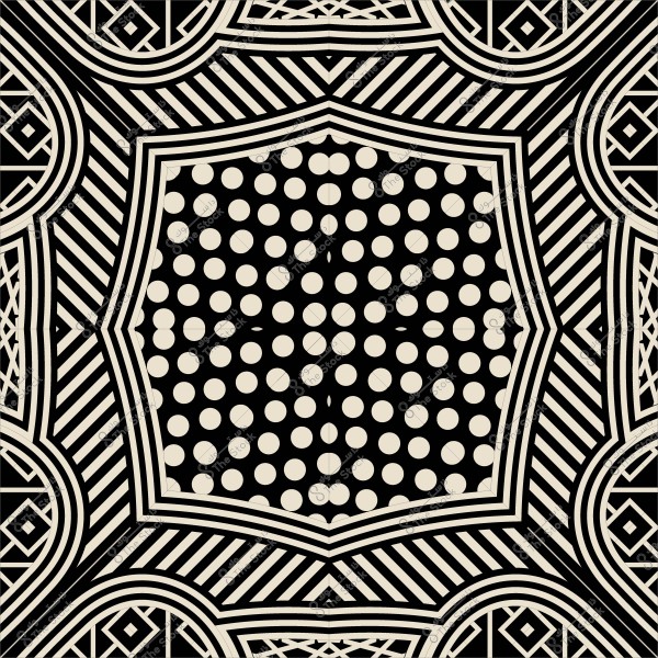 نمط هندسي أبيض وأسود يظهر دائرة مكونة من نقاط بيضاء صغيرة على خلفية سوداء, محاطة بإطارات من الخطوط المتقاطعة والمتوازية التي تشكل أشكالاً هندسية متنوعة مثل المربعات والدوائر.

-