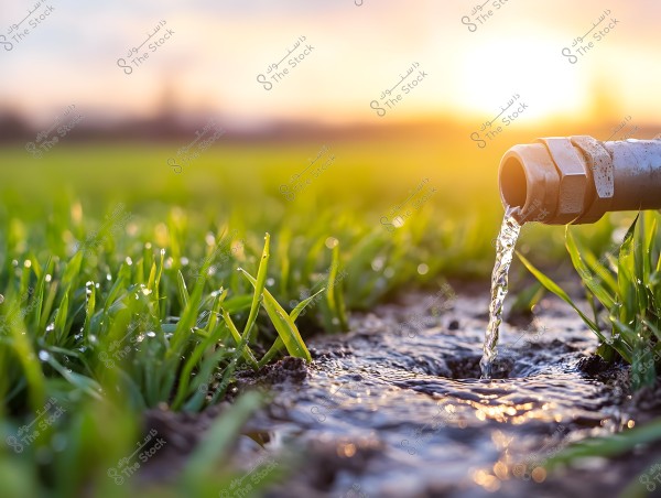 ** An image of water flowing from a pipe onto grassy ground. The pipe is on the right side of the image, and the water gently flows over the grass, reflecting the sunlight that is setting in the background.\r\n\r\n**