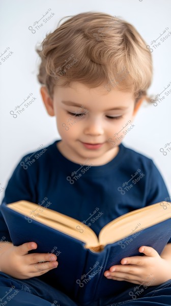 A photo of a young child sitting and wearing a dark blue shirt, reading a large book with a blue cover. The child appears focused on the book, with a simple, light-colored background.