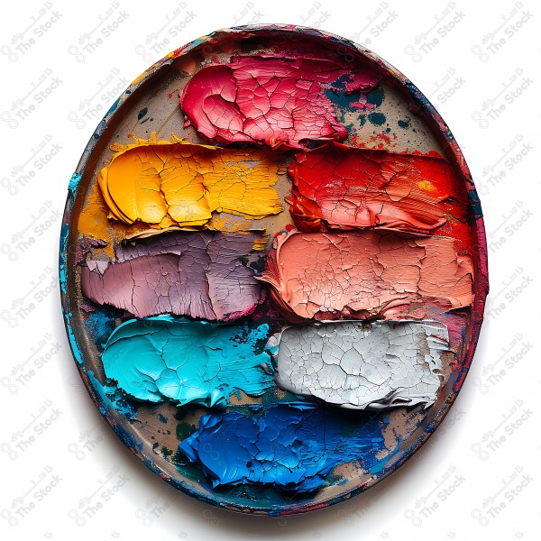 A paint palette with various cracked and multicolored paints, including red, blue, yellow, orange, purple, light blue, and gray, on a white background. by AI