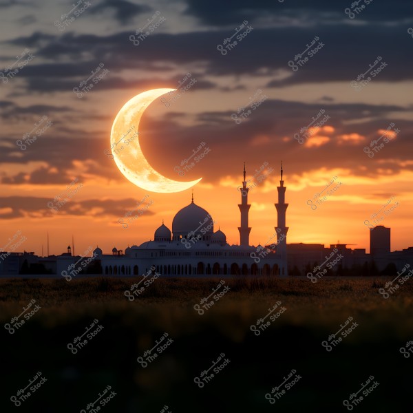 A scene of a large mosque with white domes and minarets, with a prominent crescent moon in the foreground. The sky in the background displays warm sunset colors with some dark clouds.
