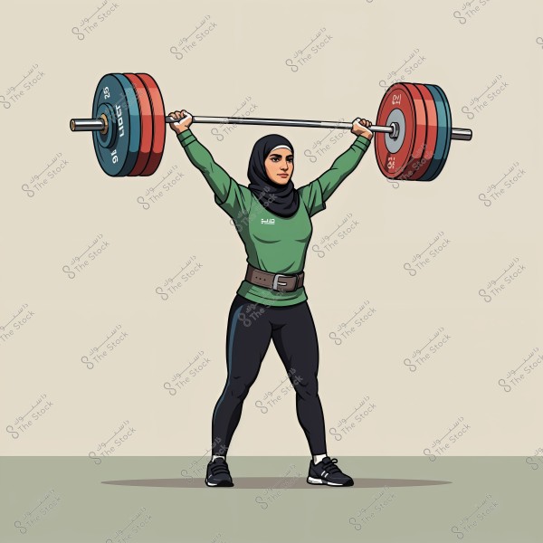 An illustration of a woman wearing a hijab lifting weights. The woman is depicted in a weightlifting position with arms extended upwards holding a barbell with multi-colored weights on each side. She is wearing a green top, black athletic pants, and black sneakers, along with a lifting belt. This woman appears to be from the Gulf region, as indicated by her hijab.