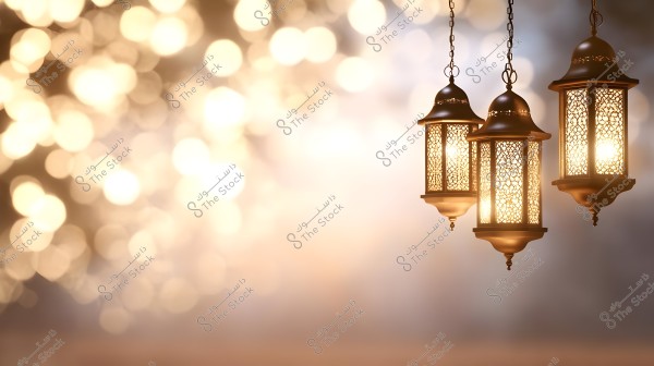 Three illuminated glass lanterns with an Oriental design are hanging in the air against a background of a hazy golden bokeh light. The design reflects a traditional Arabic style, creating a warm and cozy atmosphere.
