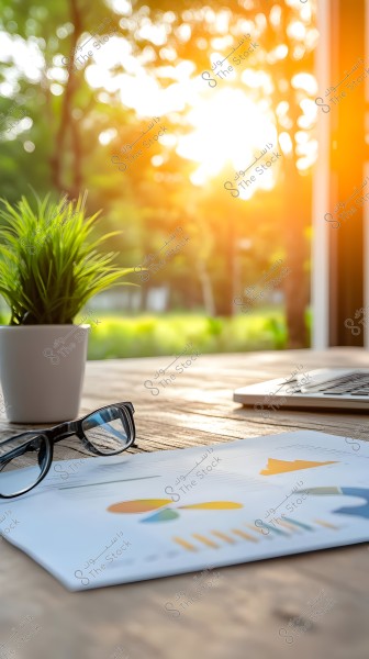 The image shows a scene of a wooden tabletop at sunset. On the table, there are reading glasses and a document with colorful charts. Next to them is a small plant in a white pot. In the background, there is a large window overlooking a green garden with sunset rays filtering through the trees.