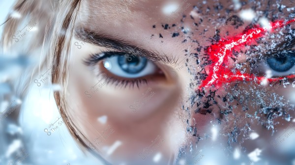 A close-up image of a face featuring striking blue eyes. Half of the face is covered with black fragments and a bright red line running across it. The focus on eye details conveys an intense and mysterious expression.