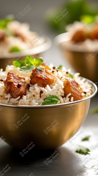 A golden bowl filled with white rice garnished with seasoned meat pieces and fresh coriander leaves. A blurred section of another bowl is visible in the background, suggesting more similar dishes.