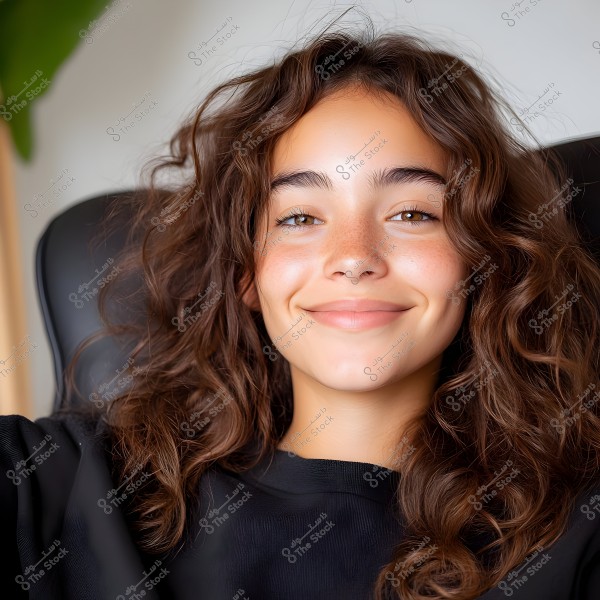 صورة لامرأة تبتسم وترتدي قميصًا أسود. لديها شعر بني مموج وطويل, الخلفية مموهة مع وجود نبات أخضر. الإضاءة طبيعية وتبرز ملامح الوجه بشكل واضح.