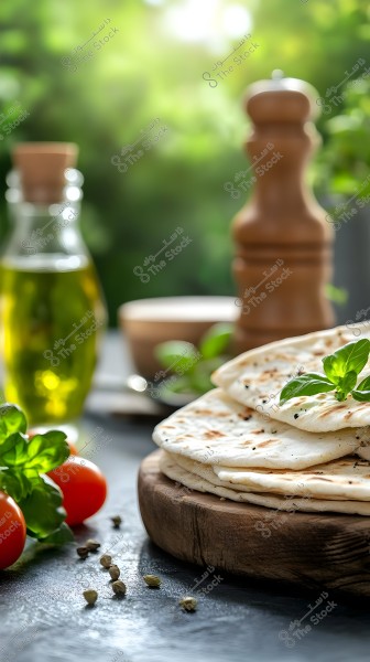 The image displays a scene of a table covered with fresh food ingredients. In the foreground, round white bread is placed on a wooden board, garnished with a green basil leaf. Next to the bread, ripe cherry tomatoes and green basil leaves are visible, with some black peppercorns scattered on the gray surface of the table. In the background, a glass jar holds olive oil, along with a wooden grinder, against a blurred green backdrop reflecting a warm and bright ambiance.