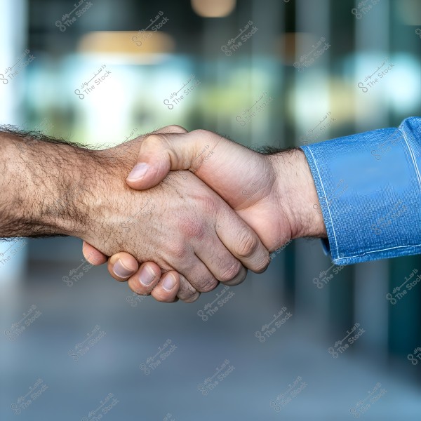 The image shows a handshake between two people. The person on the left is wearing a light brown short-sleeved shirt, while the person on the right is wearing a long-sleeved blue shirt. The background is blurred and resembles an office environment or interior of a building.