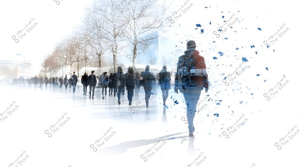 A digital image showing people walking on a tree-lined street in an urban setting, with an artistic effect showcasing a person in winter clothing in blue and red in the foreground, blending and transforming into small pieces, creating a disintegration effect. The atmosphere appears cold, with leafless trees.