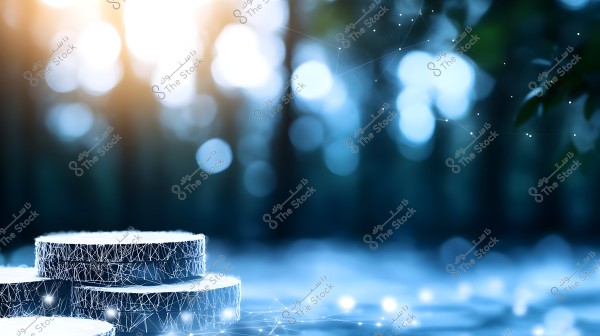 The image shows a stack of coins in the foreground, illuminated by bright blue light. The background features a blurred natural setting with sparkling lights and tree shadows. A bright light in the upper left corner adds a sense of depth and technology.