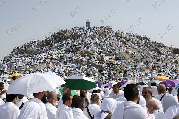 حجاج يصعدون جبل عرفات خلال موسم الحج يرتدون ملابس الإحرام ويحملون مظلات للوقاية من الشمس.