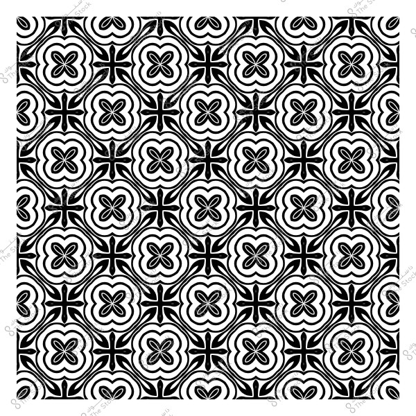 نمط أبيض وأسود متماثل يحتوي على أشكال زخرفية من الزهور والنجوم.