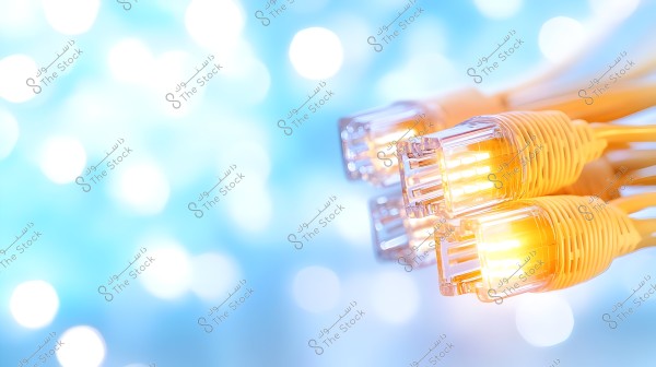 The image depicts a cluster of network cables with transparent connectors glowing with yellow light, set against a blurred background of blue and white colors.