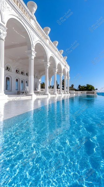 Image of a luxurious villa with a classical architectural facade featuring white arched columns overlooking a clear blue swimming pool under a clear blue sky. Some green trees and plants appear in the background.