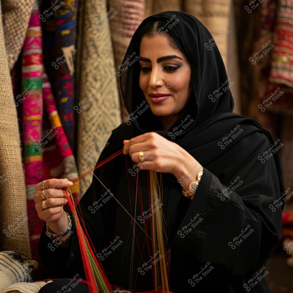 A woman in a black abaya and headscarf is weaving colorful threads by hand. Behind her, there are various fabrics with different patterns and colors. She appears to be focused on traditional craftwork in a culturally rich setting.