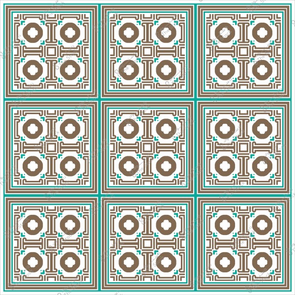نمط هندسي مكون من تسعة مربعات, كل مربع يحتوي على تصميم متماثل بألوان بني وأبيض وأخضر.