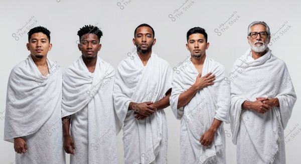 An image of five men standing together wearing white Ihrams, which are part of the traditional attire for Umrah and Hajj. The men stand in a row against a white background, showing a diversity of ages from young to older. The image prominently features the white Ihrams with a simple, consistent background.