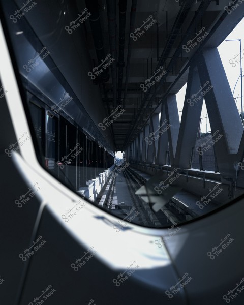 View from inside a train or moving vehicle through a covered bridge. The railway track is visible in the middle of the image, flanked by triangular metal supports. The lighting is dim within the structure, with daylight visible at the far end.