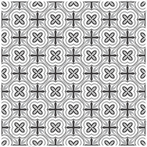 نمط هندسي متكرر بالأبيض والأسود يحتوي على أشكال زهرية متداخلة ونجوم.