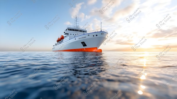 صورة لسفينة بيضاء كبيرة مع قاع برتقالي, تبحر في محيط هادئ تحت سماء صافية زرقاء مع سحب متفرقة. يظهر غروب الشمس في الأفق مع انعكاس ضوء الشمس على سطح الماء.