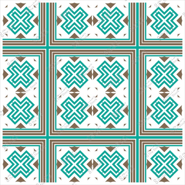 نمط هندسي يتكون من أشكال متقاطعة بالألوان البنية والزرقاء على خلفية بيضاء.