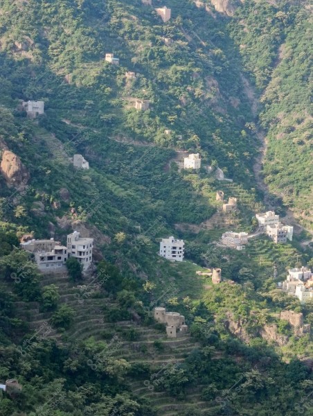 An image depicting a natural landscape with a collection of houses scattered across green mountainous slopes. The area features terraced mountains with dense vegetation covering the surrounding hills. The buildings are made of concrete, and some appear to be of traditional design. The scene is interspersed with serene natural beauty.