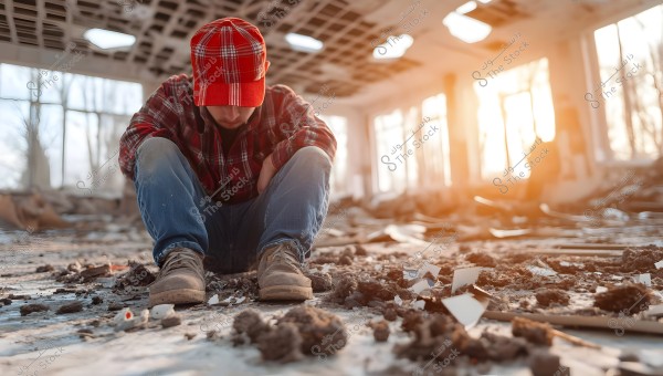 A person sits on the ground in a dilapidated building with bright lighting, wearing a red plaid shirt and a matching red cap. Dirt and debris are scattered around, while sunlight streams through the open windows in the background.
