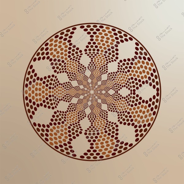 A circular design featuring a complex geometric pattern composed of multiple circles in varying sizes, in shades of brown and beige. The composition gives a three-dimensional effect, creating a sense of inward movement. The pattern is symmetrical and evenly distributed within the large circle.