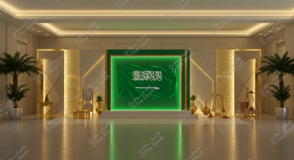The image shows a hall decorated with a modern design, illuminated with golden colors and indoor plants. In the center of the hall, there is the flag of Saudi Arabia set in a frame lit with green light. The walls are adorned with geometric and classic patterns, with integrated lighting highlighting the beauty of the design and interior decor, including golden vases and ornate seating.