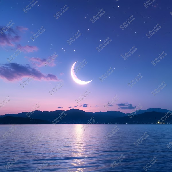 A serene natural scene of a lake at night under a starry blue sky. A prominent crescent moon is glowing, casting a gentle reflection on the water\'s surface. In the distant horizon, a range of dark mountains is visible beneath the dusky sky.