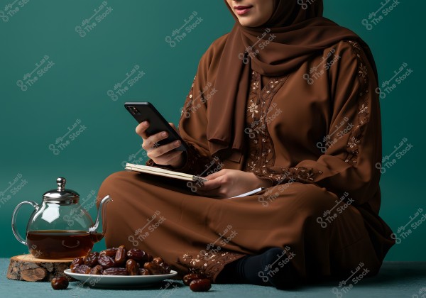 A woman wearing a brown hijab and abaya with embroidery, seated on the floor holding a mobile phone and a notebook. Next to her is a glass teapot with tea and a small plate containing dates.