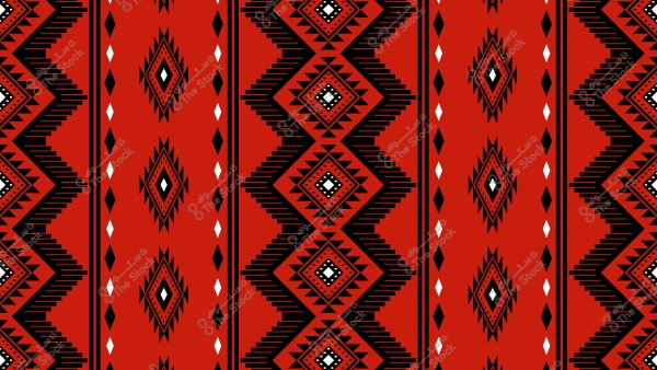 نمط زخرفي بألوان حمراء وسوداء مع تصميم هندسي متماثل يتميز بأشكال ماسية معقدة وخطوط متداخلة وألوان بيضاء تكميلية. التصميم يبدو مستوحى من أنماط تقليدية أصلية.