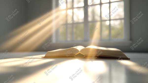 An open book placed on a table with bright sunlight streaming in from a window in the background. The rays illuminate the book, creating a serene and contemplative atmosphere in the surrounding room.