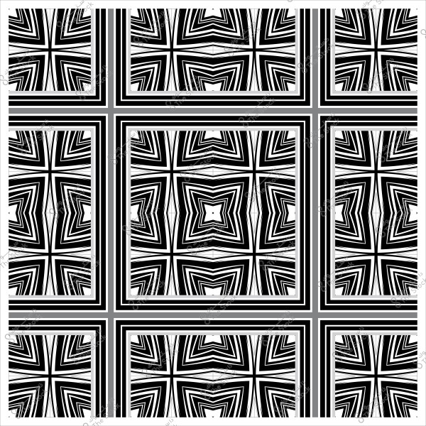 تصميم هندسي أبيض وأسود مكون من خطوط متداخلة تشكل مربعات ونجوم.