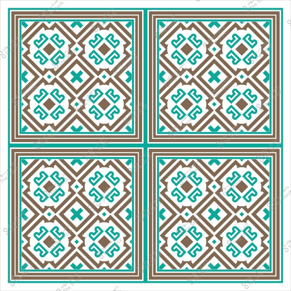تصميم هندسي لأربعة مربعات مزخرفة بأنماط هندسية باللونين البني والفيروزي.