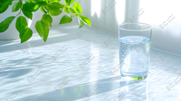 A glass of water placed on a smooth surface reflecting light in the upper right of the image. A plant with green leaves appears in the background on the left side, adding a fresh, natural ambiance.