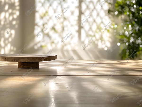 Image showcasing the details of a wooden surface with warm tones of light and shadow. The surface appears to be a round wooden table, with intricate shadows cast in geometric patterns from the light streaming through a window. The background is blurred, featuring green shapes suggesting the presence of plants or trees.
